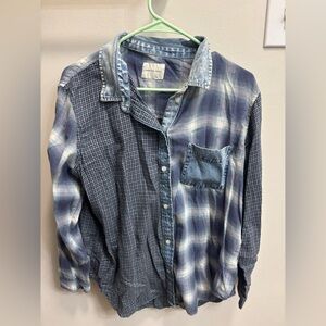American Eagle Blue Denim Plaid Button-Up Shirt, Size M